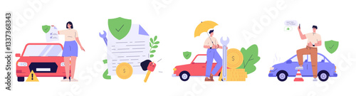 Car Insurance Vector illustration set. Man with Umbrella Standing beside Broken Car with Car Insurance. Collection of Car Insurance Services, Protection Property, Road Accident for Web Design