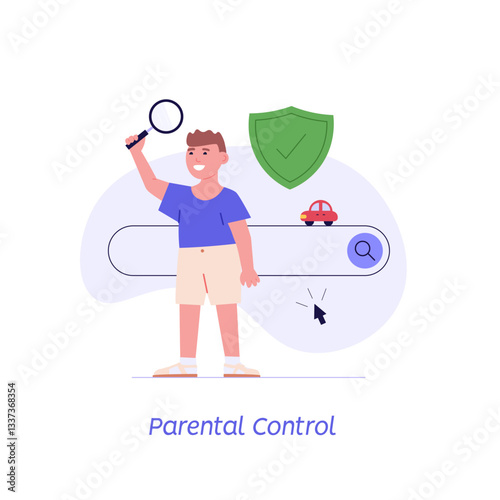 Child alone searching information in internet. Parental control, Content for kids, Digital limit for children. Concept of web protection, children internet safety security for web UI banners