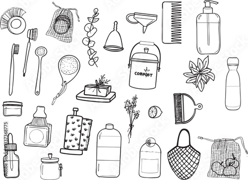 Ensemble illustration zero déchet cuisine salle de bain brosse savon sacs compost écologie réutilisable vecteur trait noir
