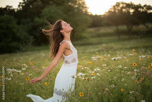 A woman in white dress joyfully dances in a vibrant wildflowers field, enjoying the summer sunlight and feeling free and happy.