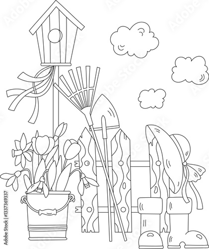 Spring Coloring Page With Birdhouse Flowers And Gardening Tools