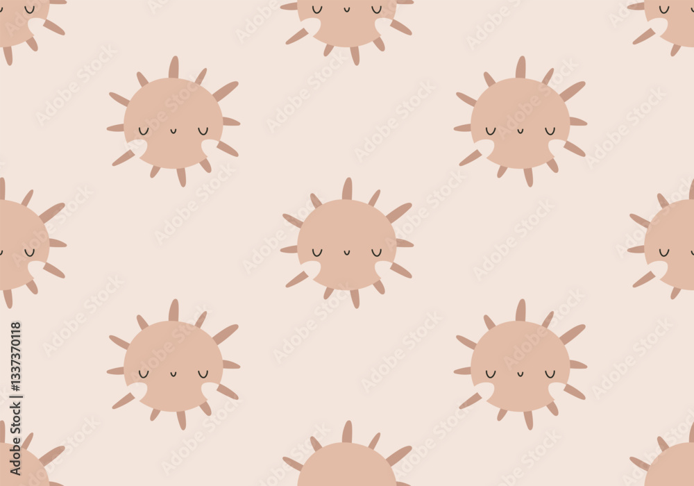 Fototapeta premium Bohemian Baby Pattern. Childish simple sun on a beige background. Cute sun for nursesy