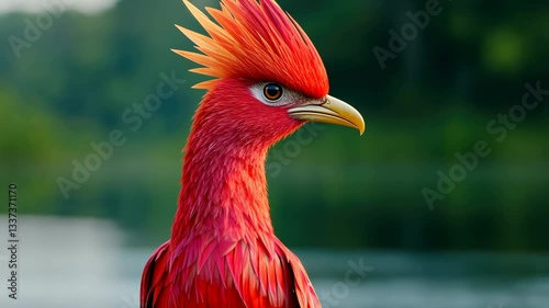 Vibrant Red Bird with Striking Plumage and Sharp Beak Showcases Its Unique Crest in Serene Nature Setting, Surrounded by Lush Greenery and Colorful Wildlife Feathers