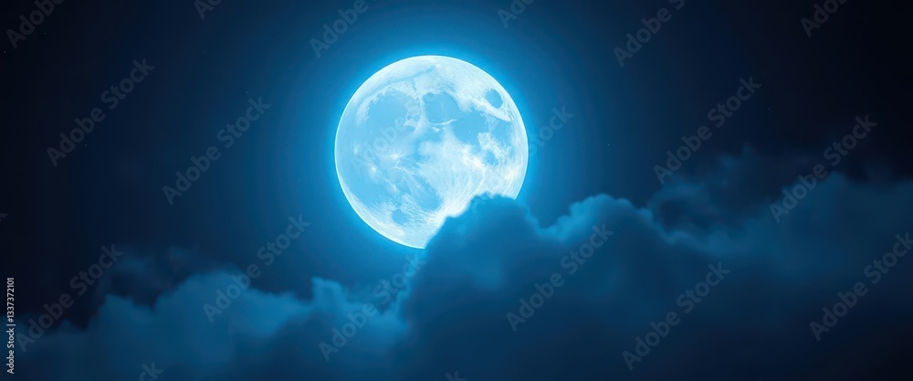 Glowing blue supermoon with ethereal halo, cosmic night, astronomy, power Glowing blue supermoon with ethereal halo, cosmic night, astronomy, power