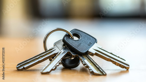 Set of metal house keys with black plastic key fob on wooden surface. Concept of home security, locksmith service, property access, safety, real estate ownership