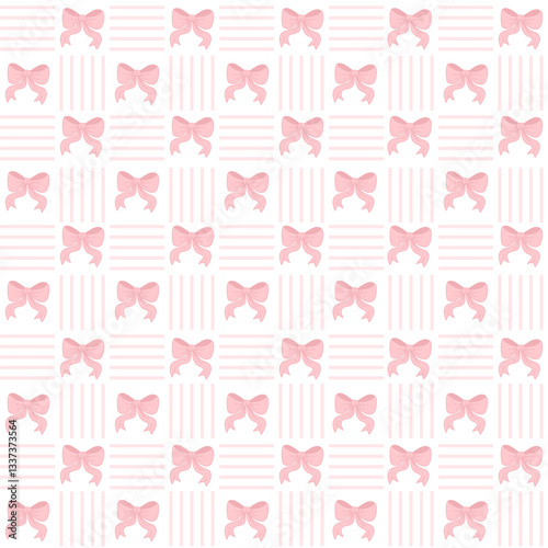 Vintage Coquette aesthetic pink ribbon bow in frame seamless pattern on cell background. Trendy flirty patterned drawing backdrop. Vector illustration