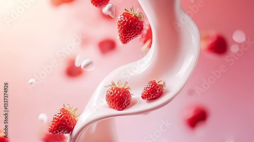 Fresh strawberries twirl in a creamy blend, creating an enticing visual feast. This dynamic motion captures the essence of deliciousness and indulgence, perfect for dessert lovers