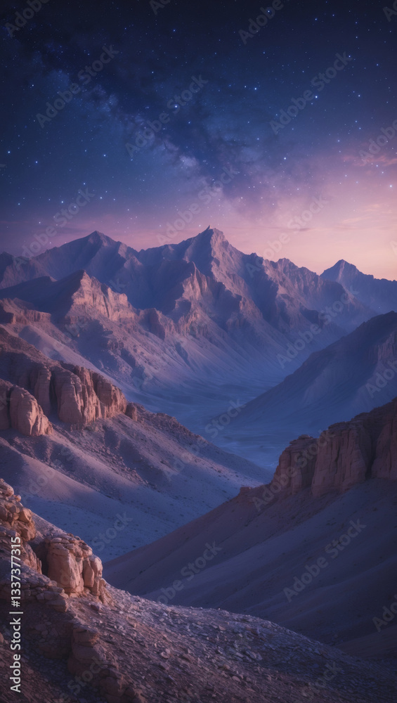 Naklejka premium Mountain Majesty: A breathtaking vista of rugged peaks under a starlit sky, capturing nature's raw beauty and serene tranquility.