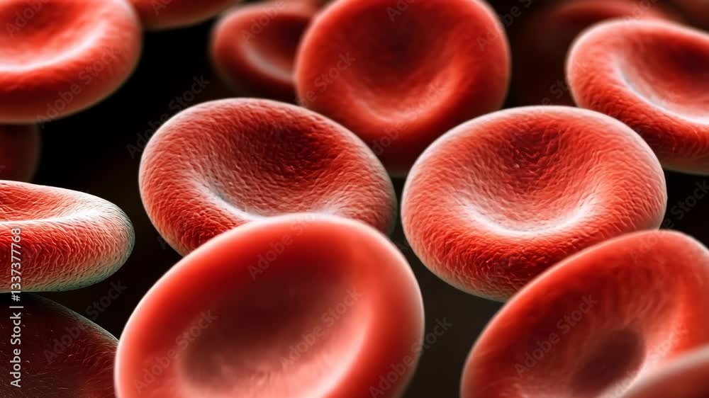 Red blood cells float in a dark environment highlighting their unique shape and structure