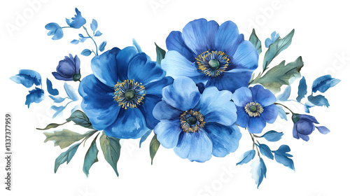 watercolor illustration of light blue floral flower bouquet isolated on white or transparent background