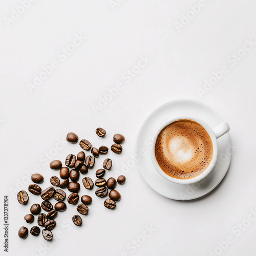 A cup of freshly brewed espresso sits on a white background surrounded by scattered coffee beans creating a cozy atmosphere
