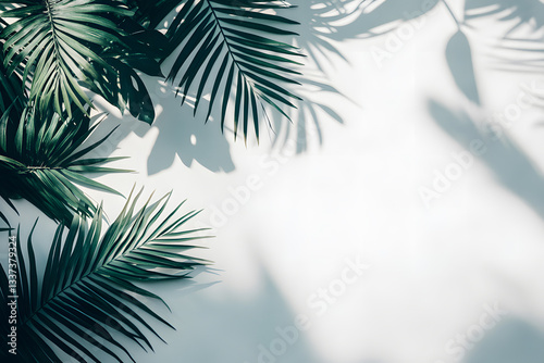 Tropical bright background with exotic painted tropical palm leaves. Minimal fashion summer concept. Flat lay.