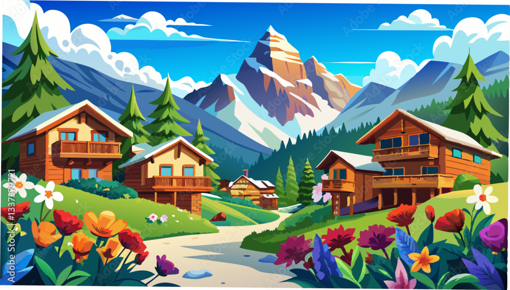 Fototapeta premium A charming view of Courmayeur village with wooden chalets, colorful flowers, and majestic mountains in Valle d'Aosta's clear sky
