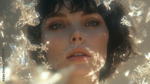 Dreamy Portrait of a Woman Surrounded by Ethereal Light and Crystal Petals