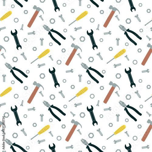 Locksmith tool seamless pattern. Hammer, pliers, screwdriver, wrench, nuts, screws. Cartoon background or textura for printing on fabric and paper. Vector design for textile,wallpaper,cover.