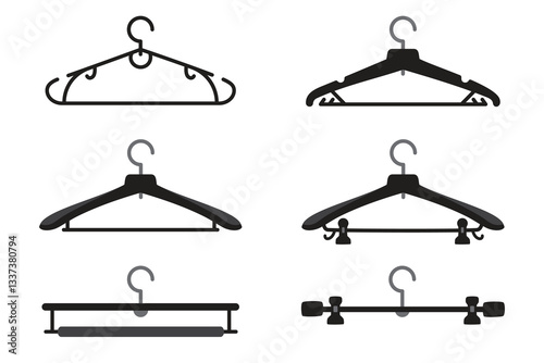 Set of clothes hangers isolated on a white background. Different shapes devices for storing various types of clothing. Vector design in grey and black colors. Additional elements ,hooks, clamp. 