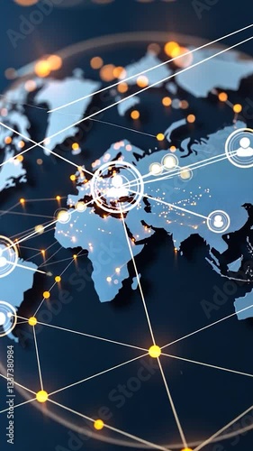 Digital representation of global connectivity with illuminated network lines over a world map