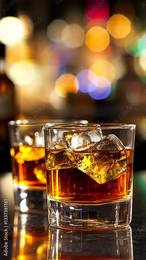 Glasses filled with amber-colored whiskey with ice cubes against a blurred bar background illuminated by colorful lights Glasses filled with amber-colored whiskey with ice cubes against a blurred bar background illuminated by colorful lights