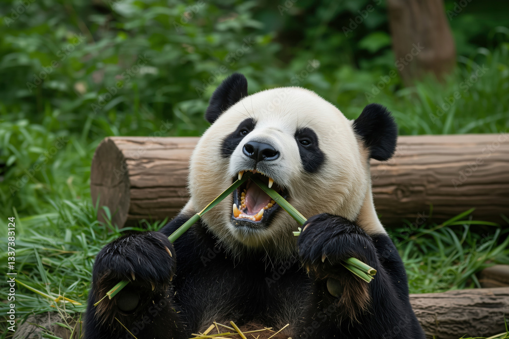 Naklejka premium Adorable Giant Panda Enjoying Fresh Bamboo Shoots in its Natural Habitat