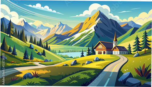 summer nature road alpine landscape illustration alps beautiful, outdoor season, rural journey summer nature road alpine landscape