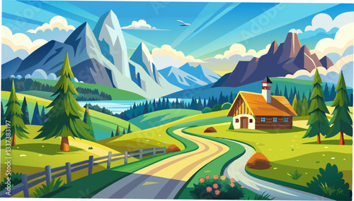 summer nature road alpine landscape illustration alps beautiful, outdoor season, rural journey summer nature road alpine landscape