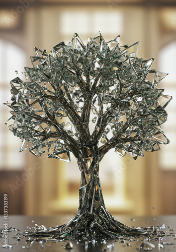 Contemporary Glass Tree Sculpture with Shattered Glass in Abstract Design for Modern Elegance and Decor