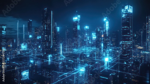 Wallpaper Mural Futuristic city skyline at night with glowing digital network Torontodigital.ca