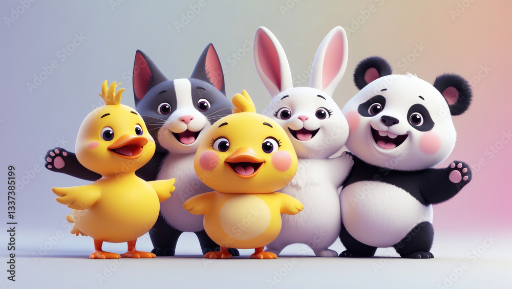 Obraz premium Cartoon friends: Cute chick, kitten, bunny, and panda, all smiling and together in a colorful and friendly animated scene.