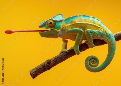 A vibrant blue and yellow chameleon sits on a wooden branch, extending its red tongue against a bright yellow background. 
