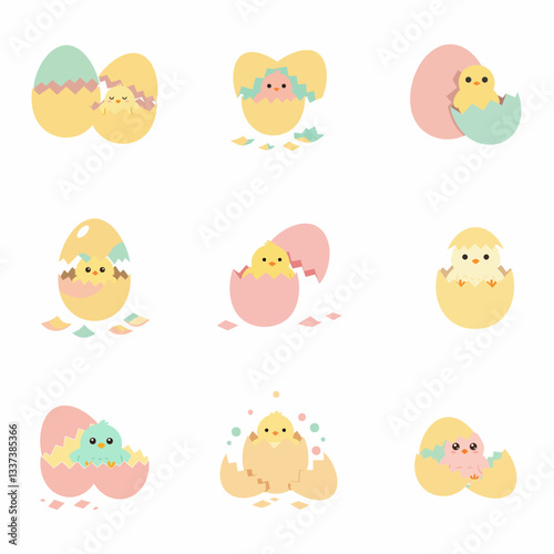 cute easter egg cracked open with a tiny chick peeking out, solid pastel colors simple and flat vector design set on white background