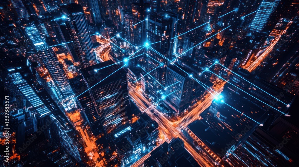 Aerial view of city at night with interconnected network, illustration, possible use for technology, network, business, or urban planning Aerial view of city at night with interconnected network, illustration, possible use for technology, network, business, or urban planning