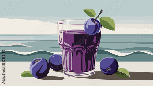 A picturesque illustration of a glass of rich purple plum juice, accompanied by fresh plums and leaves, set against a serene beach backdrop.