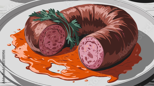A vibrant illustration of a gourmet sausage served on a plate, drizzled with rich sauce and garnished with fresh herbs, perfect for food and culinary themes.