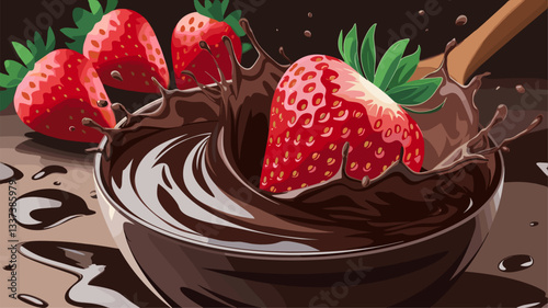 Indulge in the deliciousness of fresh strawberries splashing into a creamy chocolate bowl. Perfect for desserts, recipes, or food marketing.