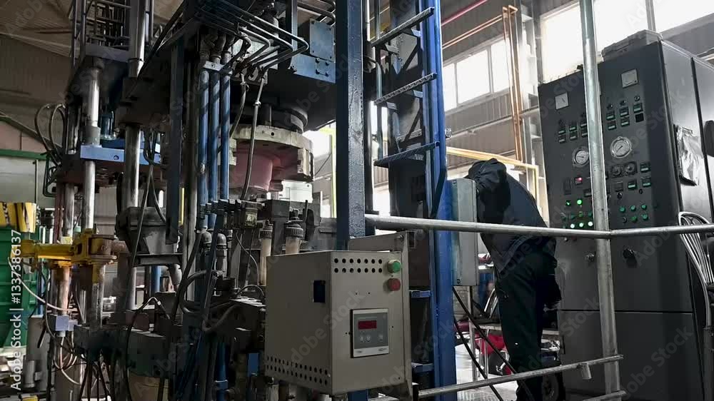 A skilled operator oversees complex machinery in a manufacturing facility. The environment is filled with various equipment and demonstrates intricate fabrication processes.