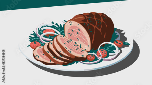 A beautifully illustrated serving of glazed ham, garnished with fresh parsley, tomatoes, and onions, perfect for festive menus.