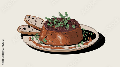 A beautifully plated gourmet meatloaf garnished with fresh herbs, accompanied by slices of artisan bread and drizzled sauce, perfect for culinary visuals.