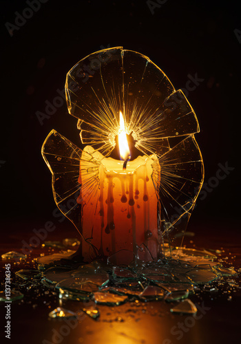 Candle Flame in Broken Glass Casting Warm Light and Shadows in Dark Artistic Composition