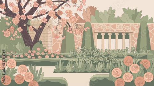 A tranquil illustration of a spring garden featuring blooming flowers, neatly trimmed hedges, and a serene landscape. Perfect for evoking a sense of peace and nature.