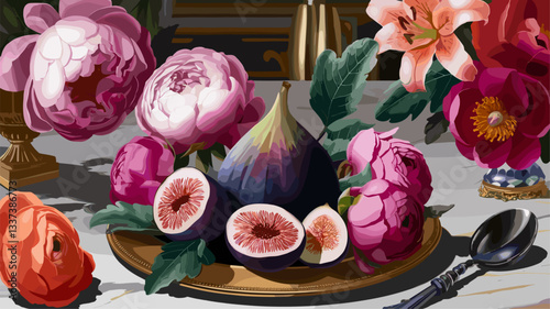A stunning still life featuring ripe figs sliced open, surrounded by lush peonies, roses, and lilies, set on a beautifully arranged tabletop.