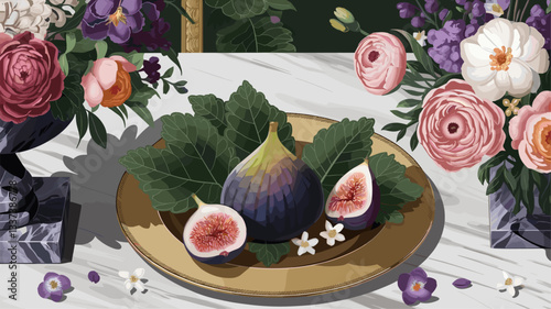 A beautifully arranged still life featuring a large fig and sliced figs on a gold plate, surrounded by lush floral arrangements. Perfect for food and lifestyle themes.