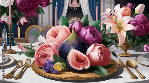 A stunning table display featuring a lavish arrangement of roses, lilies, and figs, perfect for a sophisticated dinner or event setting.