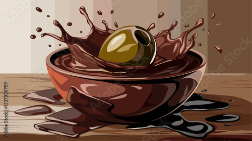 Experience the unexpected with this vibrant illustration of a green olive plunging into rich chocolate, creating a captivating splash. Perfect for food art enthusiasts.