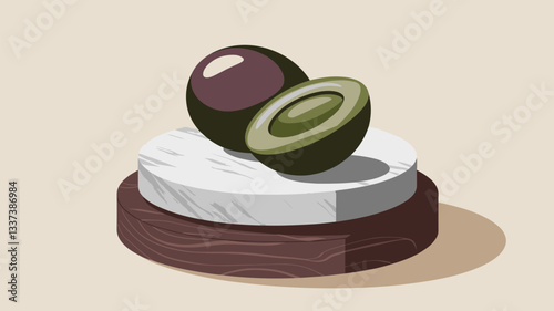 A contemporary illustration showcasing two avocados, one sliced, resting on a sleek wooden and marble pedestal. Perfect for food-themed designs.