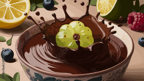 A vibrant illustration of chocolate dipping sauce with a splash effect, featuring fresh fruits like lemons, blueberries, and raspberries. Perfect for food and dessert themes.
