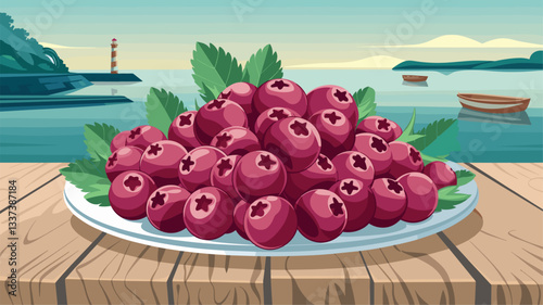 A vibrant illustration of a plate piled high with fresh blueberries, set against a serene lakeside landscape with boats and a distant lighthouse.