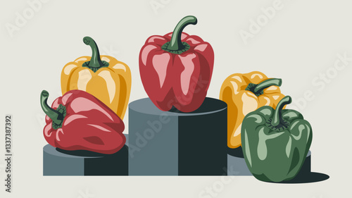 A colorful arrangement of red, yellow, and green bell peppers showcased on modern pedestals. Perfect for fresh produce and healthy lifestyle themes.