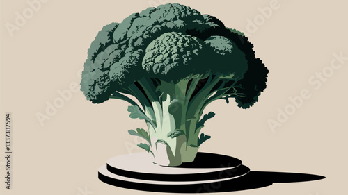 A vibrant, stylized illustration of broccoli displayed on a pedestal, emphasizing its lush, green texture and unique shape. Perfect for food-related themes.