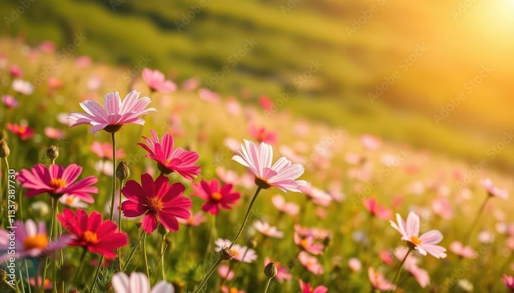 Cosmos flowers sway gently in a vast field, bathed in sunlight, landscape, delicate