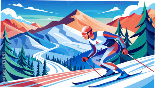 Skier racing in an alpine skiing competition with mountains in the background.